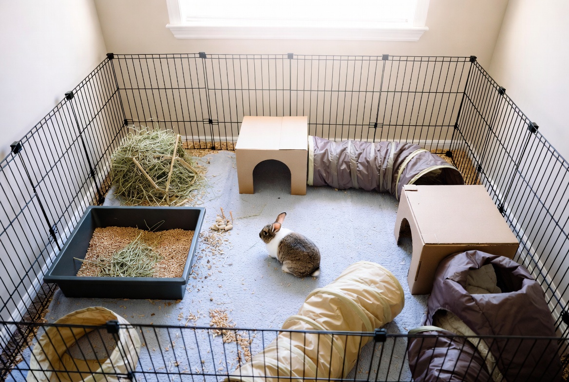 Rabbit exercise pen setup with litter box, hay feeder, and hides