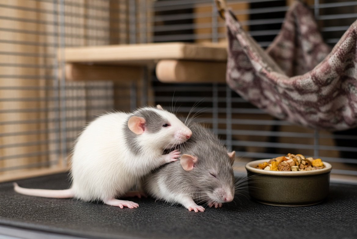 Two pet rats sitting together beside a small stack of coins