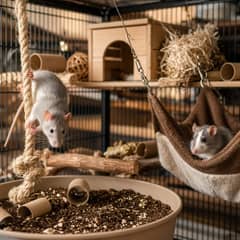 Two fancy rats exploring a multi-level cage with ropes, hammocks and a dig box