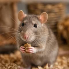 A rat eating pellets next to a small dish of fresh vegetables