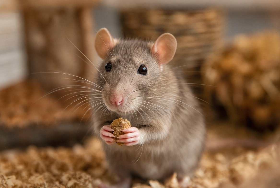 A rat eating pellets next to a small dish of fresh vegetables