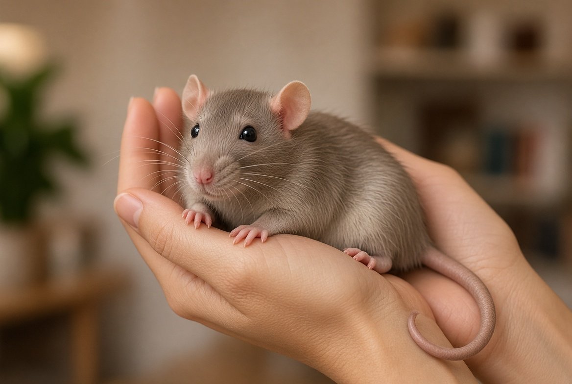 Person letting a pet rat climb onto their open hand
