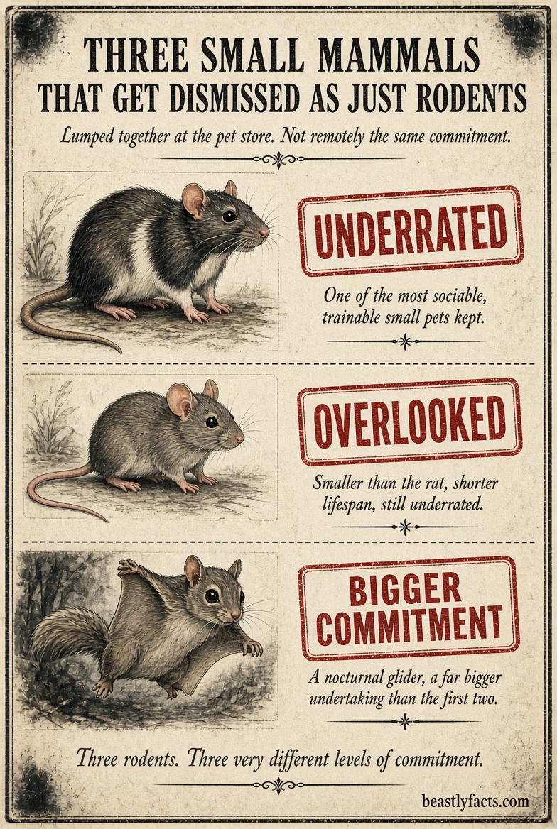 Portrait infographic comparing a fancy rat, fancy mouse, and flying squirrel, showing the size, lifespan, and care commitment differences between them