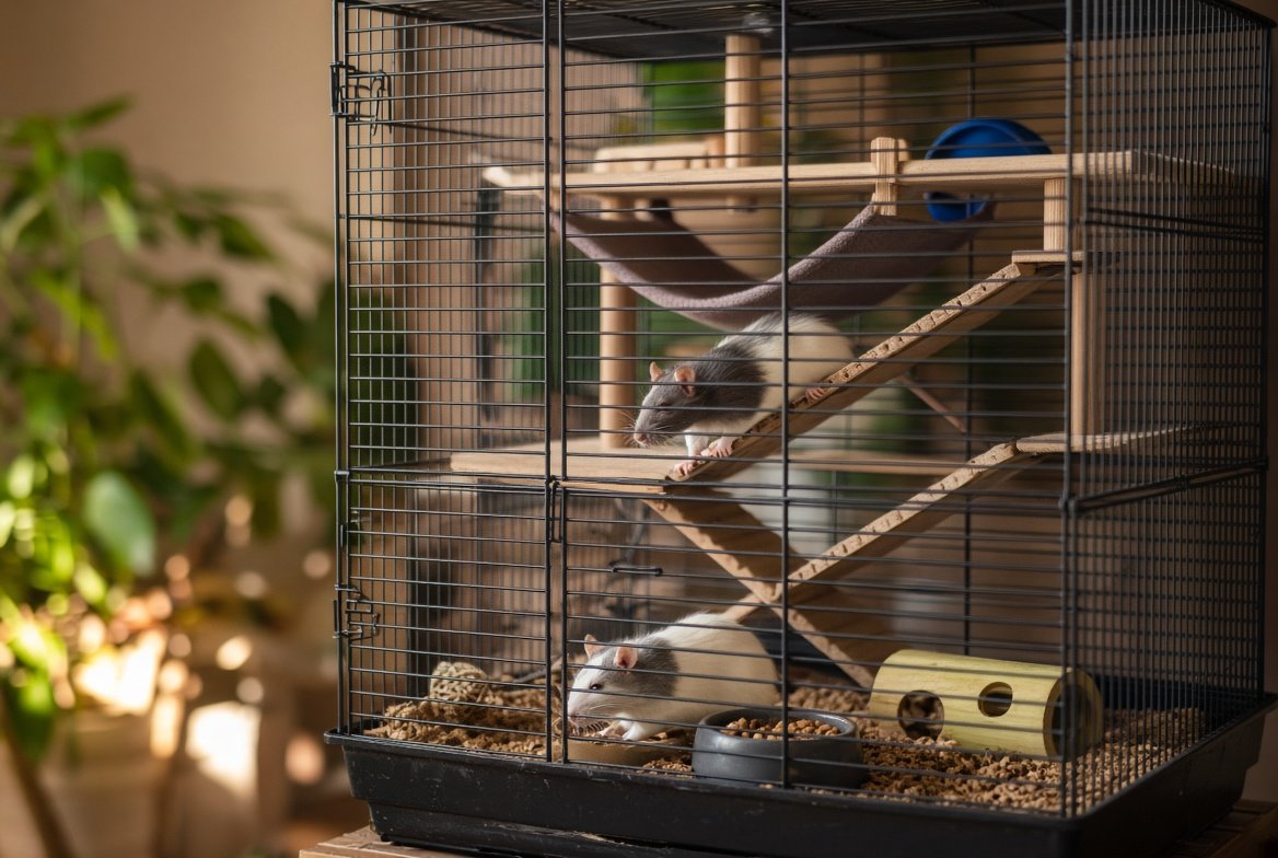 Multi-level rat cage with ramped shelves, hammocks, a wheel, and hideouts