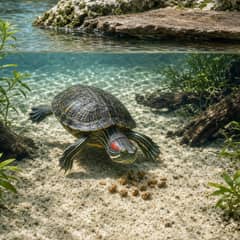 A red-eared slider swimming down past submerged planting toward a scattered food item