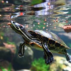 Red-eared slider eating floating pellets while submerged in water