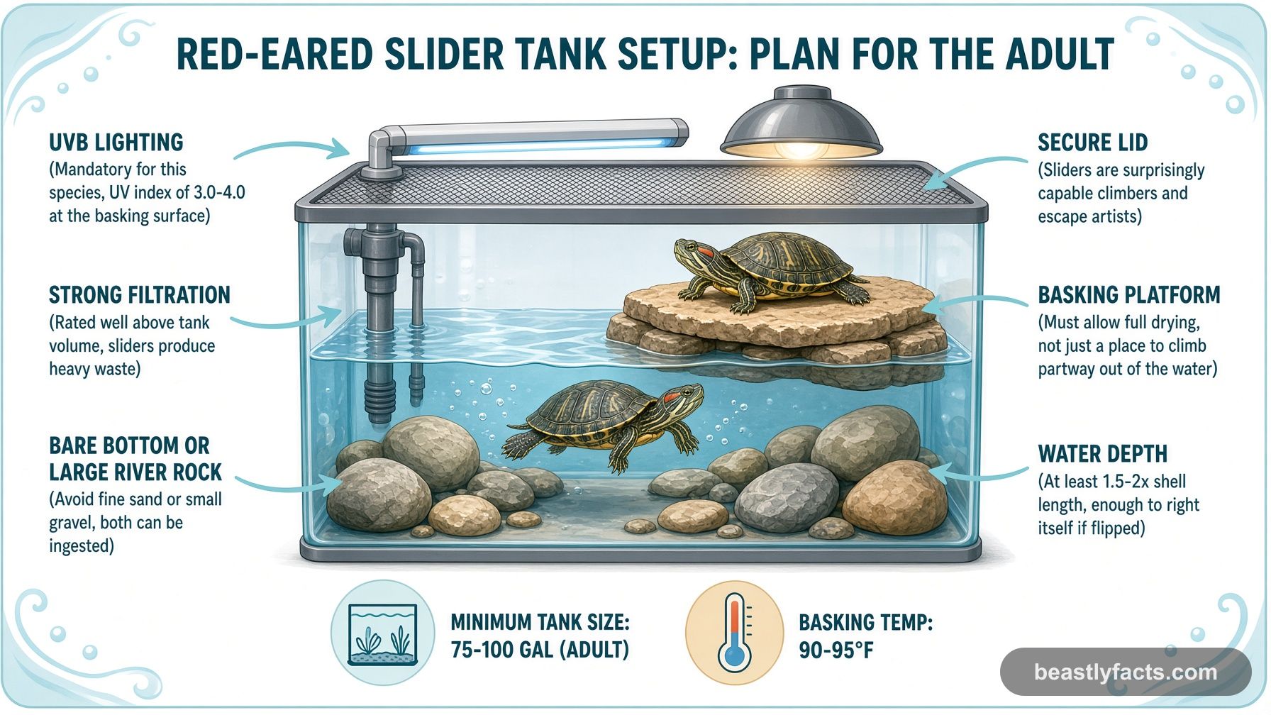 Labeled diagram of an adult red-eared slider tank showing UVB lighting, a basking platform, strong filtration, and a secure lid