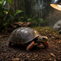 Red-footed tortoise beside an enclosed, humidity-holding enclosure setup indoors
