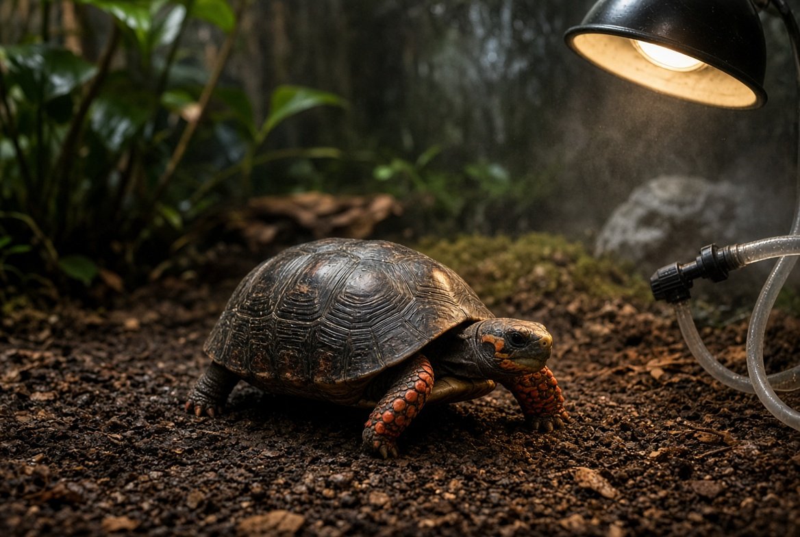 Red-footed tortoise beside an enclosed, humidity-holding enclosure setup indoors