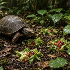 A red-footed tortoise browsing scattered greens across a planted enclosure floor