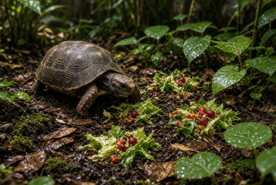 A red-footed tortoise browsing scattered greens across a planted enclosure floor