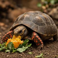 Red-footed tortoise eating a mix of fruit, leafy greens, and protein