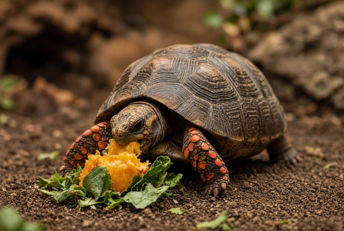Red-footed tortoise eating a mix of fruit, leafy greens, and protein