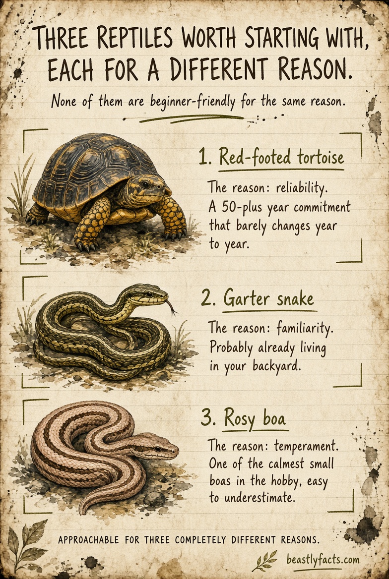 Portrait infographic comparing a red-footed tortoise, garter snake, and rosy boa, showing the size, lifespan, and temperament differences between them