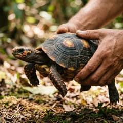 Red-footed tortoise being gently held low to the ground over a humid, planted enclosure