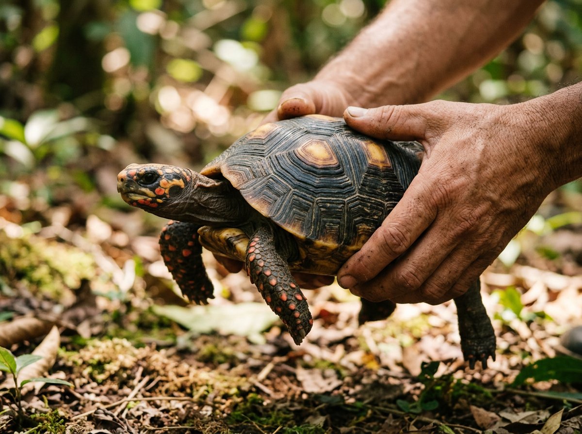Red-footed tortoise being gently held low to the ground over a humid, planted enclosure