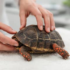 Red-footed tortoise undergoing a vet exam to check its shell and limbs