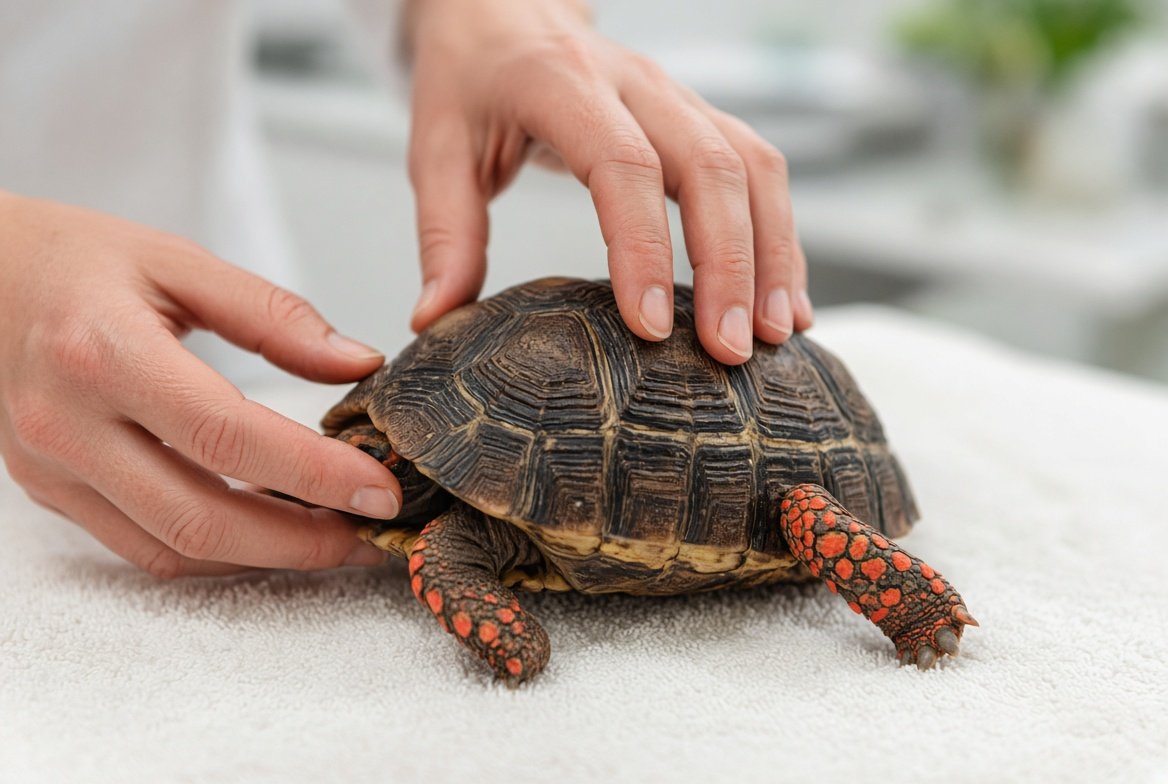 Red-footed tortoise undergoing a vet exam to check its shell and limbs