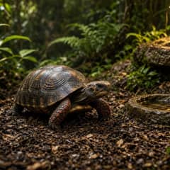 Red-footed tortoise enclosure with humid substrate, live plants, misting system, and UVB lighting