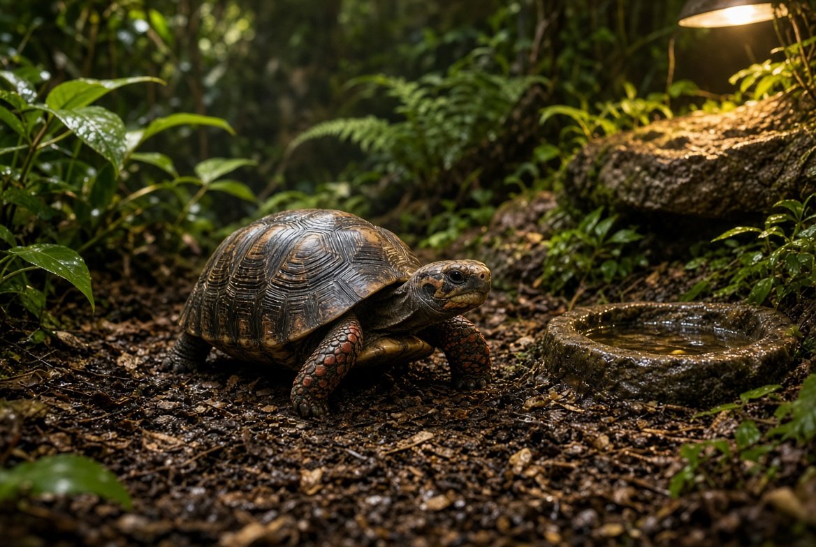 Red-footed tortoise enclosure with humid substrate, live plants, misting system, and UVB lighting