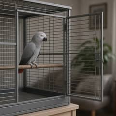 An adult grey parrot perched just inside the open door of a new cage, watching the room from a distance rather than approaching, in the first days after a rescue adoption