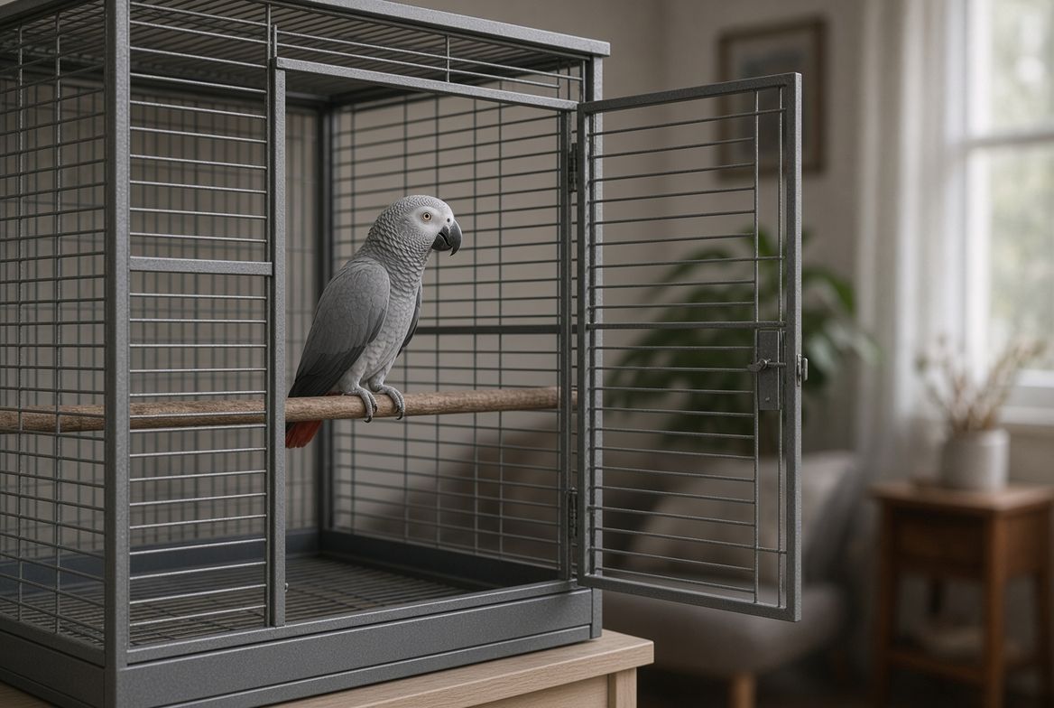 An adult grey parrot perched just inside the open door of a new cage, watching the room from a distance rather than approaching, in the first days after a rescue adoption