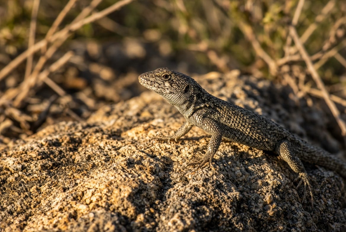 A wild lizard basking on warm rock in low sun, head raised and body angled toward the light