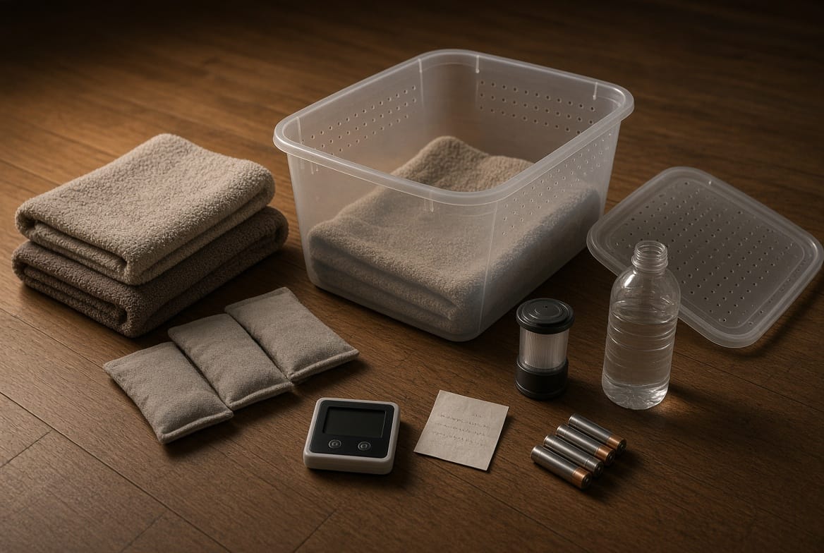 A ventilated reptile transport tub with a towel, a hand warmer, and a battery thermometer packed for a power outage or trip
