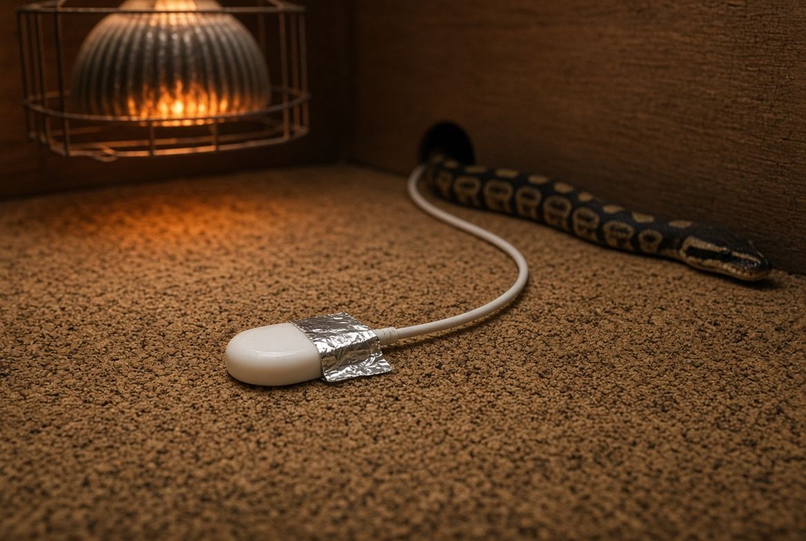 A digital reptile thermostat unit wired to an under tank heat mat, with the sensor probe taped to the basking surface inside a snake enclosure