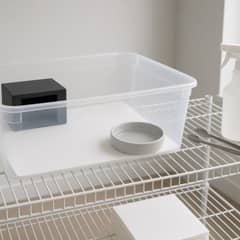 A bare quarantine enclosure lined with plain paper towel, holding a hide box and a water dish, set up in a separate room away from an established reptile collection