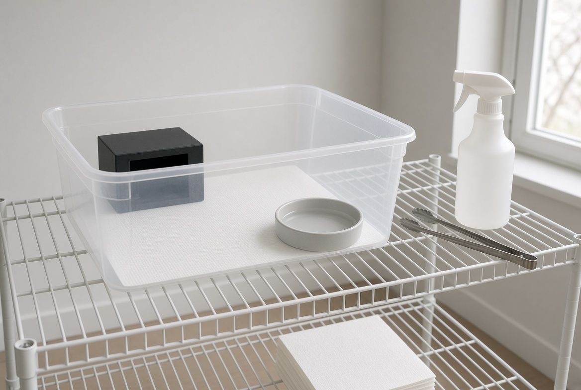 A bare quarantine enclosure lined with plain paper towel, holding a hide box and a water dish, set up in a separate room away from an established reptile collection
