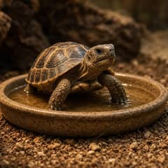 A keeper crouched beside a reptile enclosure inspecting a fresh dropping with a white, chalky urate portion next to the solid stool