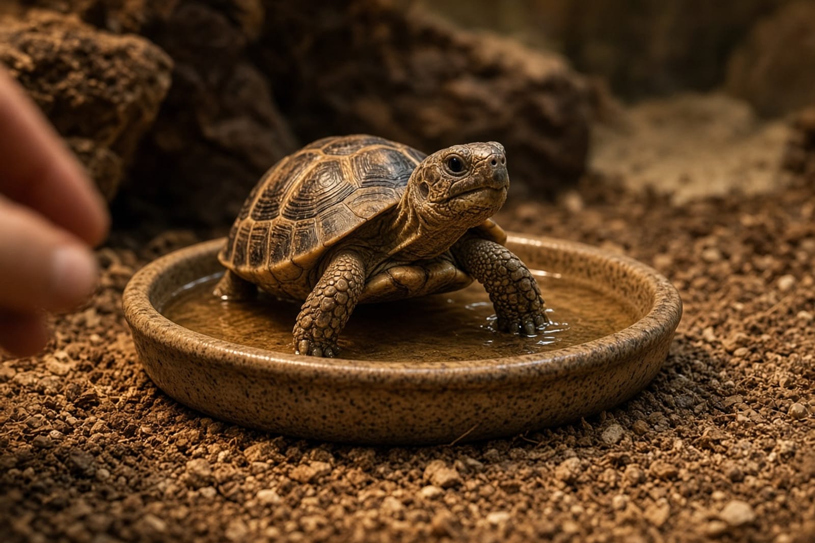 A keeper crouched beside a reptile enclosure inspecting a fresh dropping with a white, chalky urate portion next to the solid stool