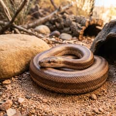 Rosy boa coiled inside a small, dry desert-style enclosure