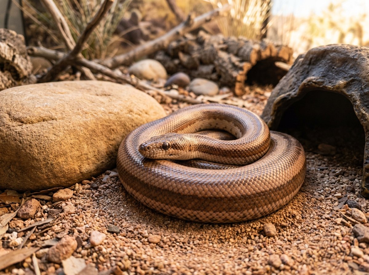 Rosy boa coiled inside a small, dry desert-style enclosure