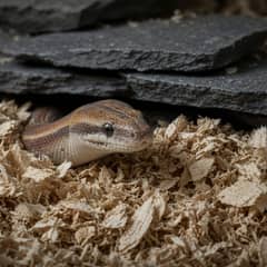 A rosy boa half buried in aspen substrate beside a stacked rock crevice