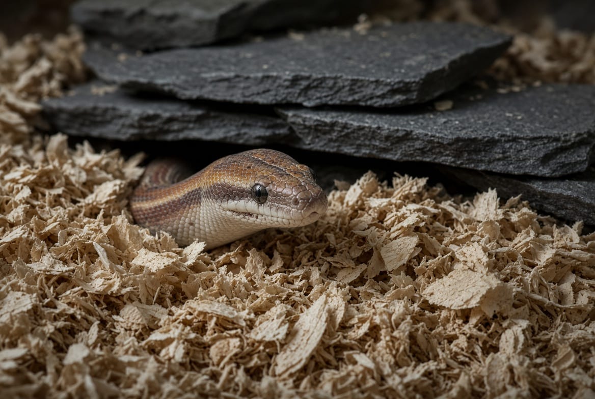 A rosy boa half buried in aspen substrate beside a stacked rock crevice