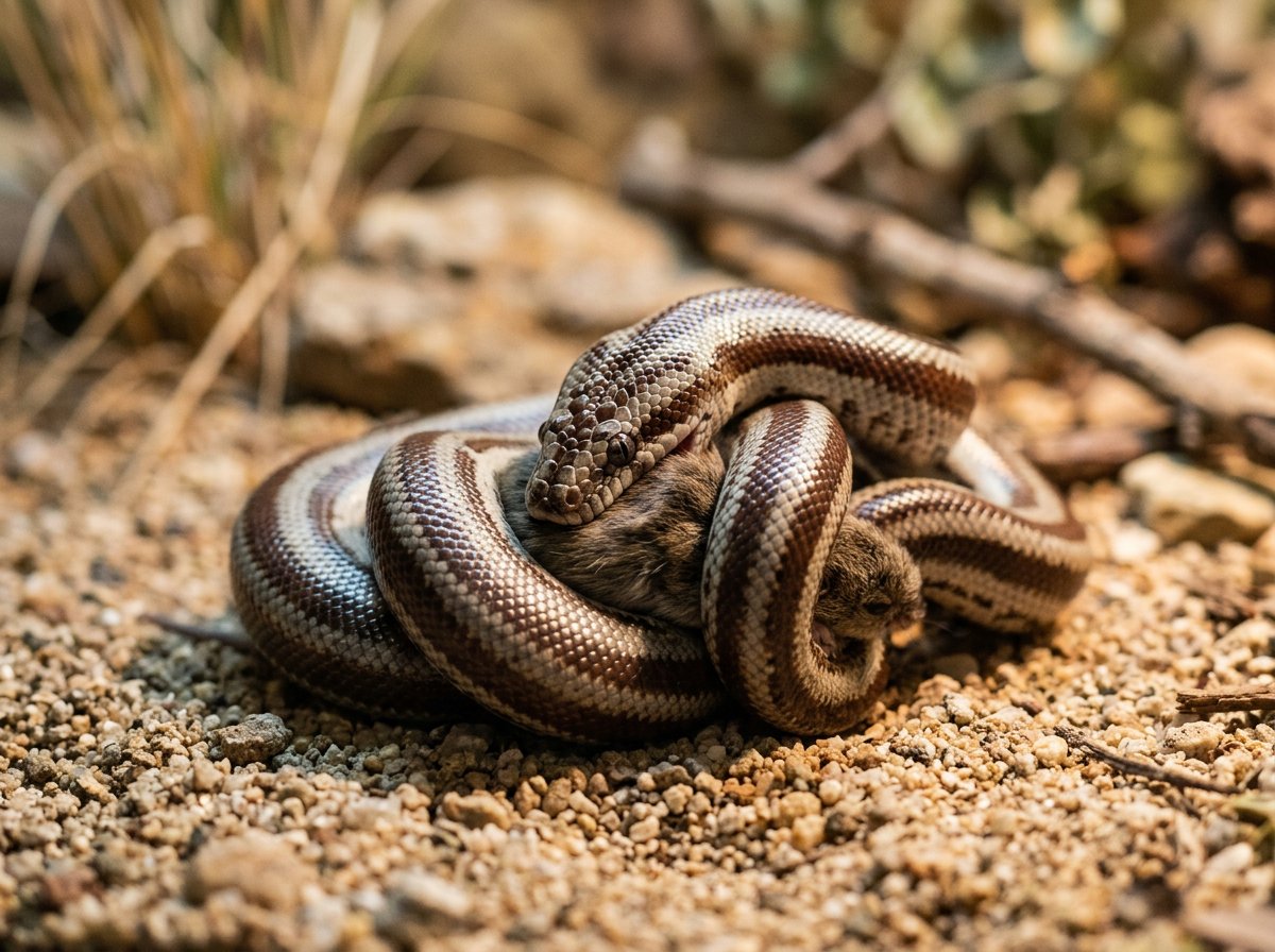 Rosy boa approaching a small frozen-thawed mouse offered with feeding tongs