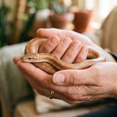 Rosy boa resting calmly across both hands during a handling session