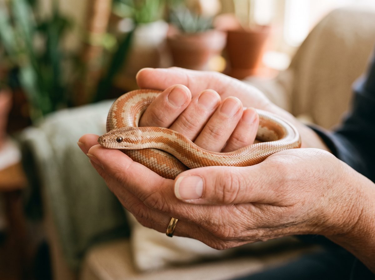 Rosy boa resting calmly across both hands during a handling session
