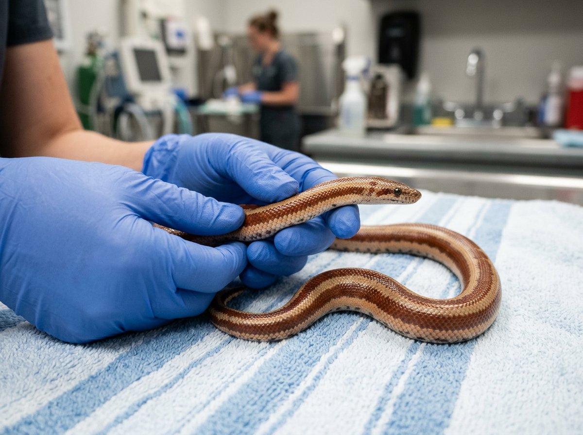 Rosy boa being examined for signs of illness in a dry enclosure