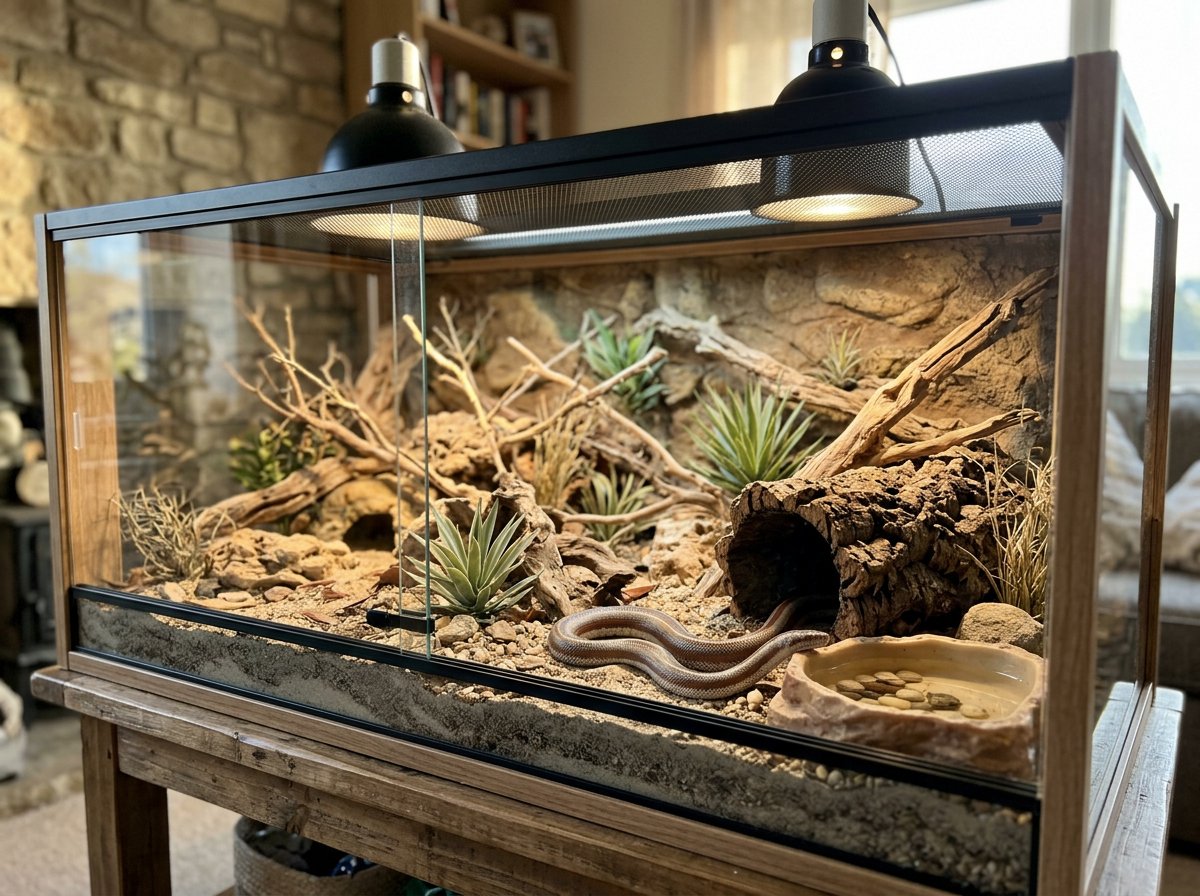 Rosy boa enclosure with a dry substrate, warm and cool hides, and a secure screen lid