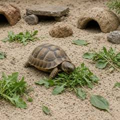 A Russian tortoise grazing on scattered greens among rock hides and low obstacles