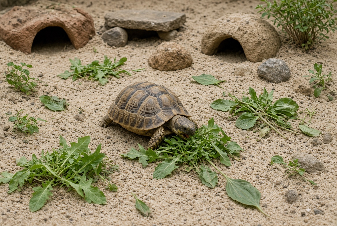 A Russian tortoise grazing on scattered greens among rock hides and low obstacles