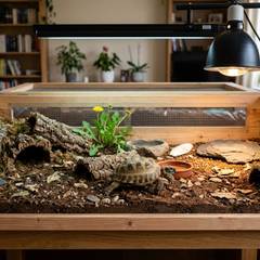 Russian tortoise enclosure with an open-top tortoise table, basking light, and burrowing substrate