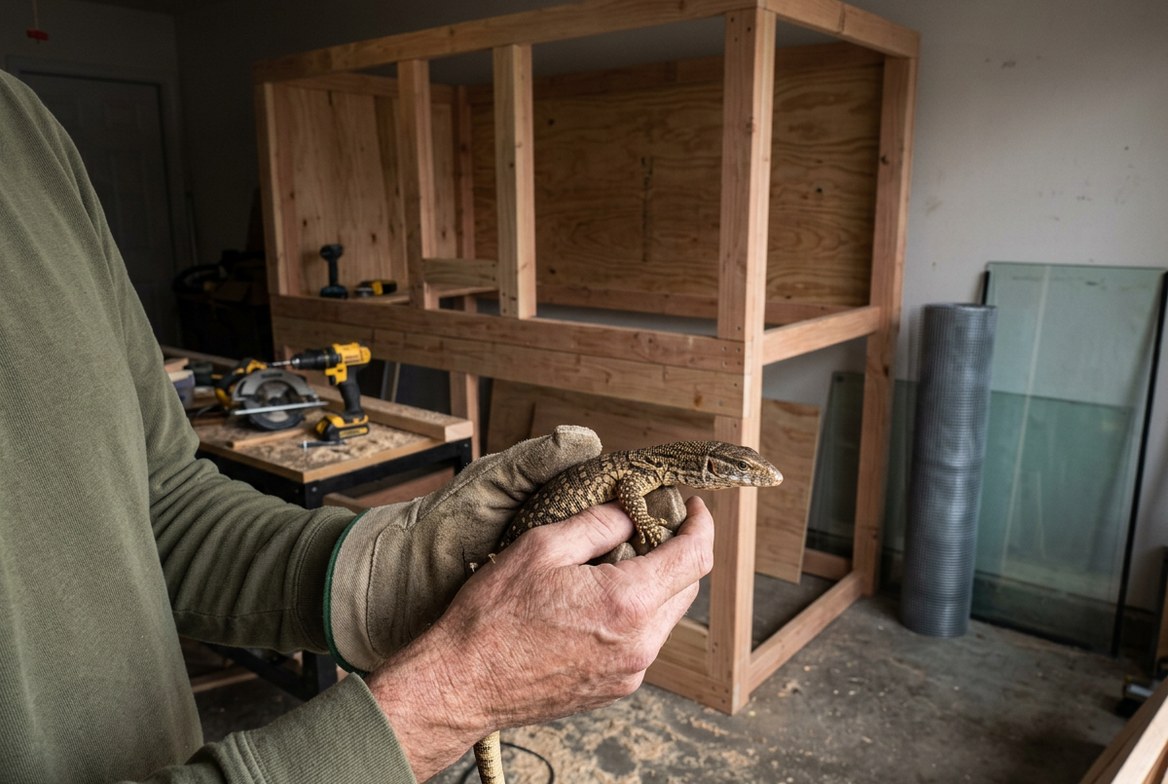 Savannah monitor lizard next to its enclosure setup, illustrating the gap between purchase price and true cost of care