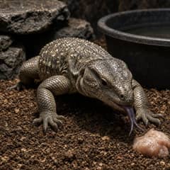 A savannah monitor tongue-flicking across deep substrate in a large enclosure