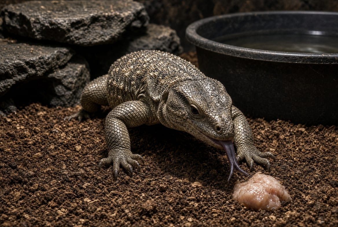 A savannah monitor tongue-flicking across deep substrate in a large enclosure
