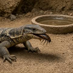 A savannah monitor on packed soil eating a large gut-loaded dubia roach, with a shallow water basin behind it