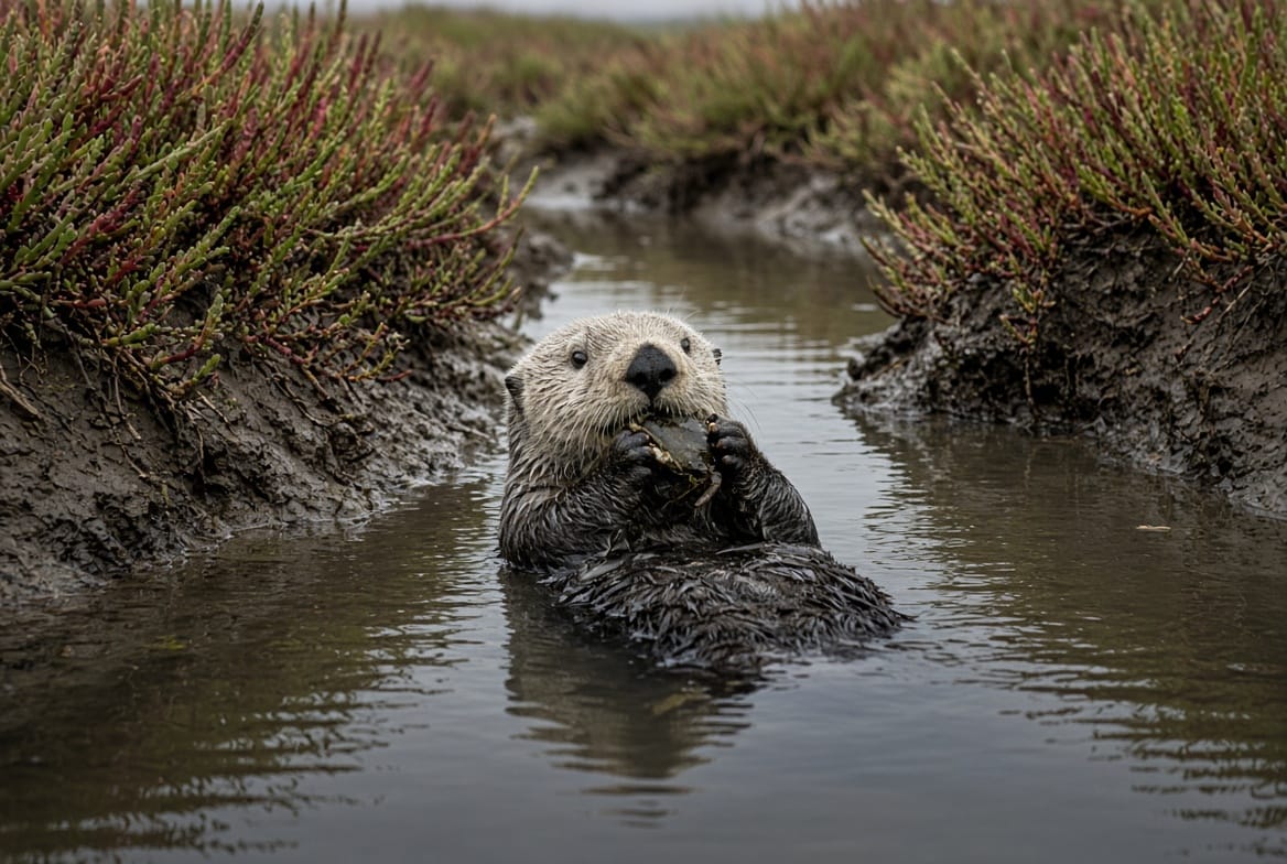 A sea otter floating in a narrow salt marsh creek between muddy pickleweed banks, holding a small crab in its paws